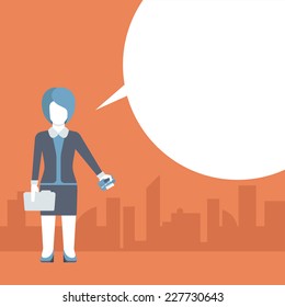 Flat payment checkout concept template. People talking balloon message comic modern style vector. Businesswoman with bank credit card and blank copyspace place for your text or logo. Flat templates.