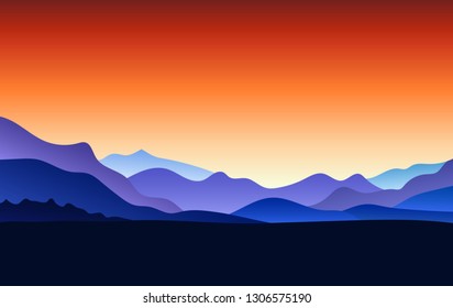 Flat peaceful landscape with Mountain Peaks and red gradient sky at sunrise. Vacation and Outdoor Banner. Recreation and Meditation Texture Concept. Serenity Vector illustration background.