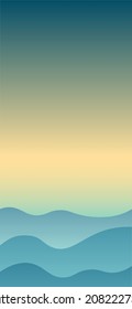 Flat peaceful landscape with Mountains and blue and yellow gradient sky at sunrise. Vacation and Outdoor Banner. Recreation and Meditation Poster Concept. Serenity Vector illustration background.