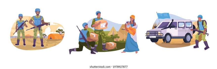 Flat peacekeepers composition set with the military guards the tent camp distributes food to refugees and drives a car with a blue flag vector illustration