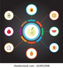 Flat Peach, Jonagold, Garnet And Other Vector Elements. Set Of Fruit Flat Symbols Also Includes Pawpaw, Peach, Orange Objects.