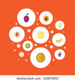 Flat Peach, Jungle Fruit, Muskmelon And Other Vector Elements. Set Of Berry Flat Symbols Also Includes Lime, Apricot, Jonagold Objects.