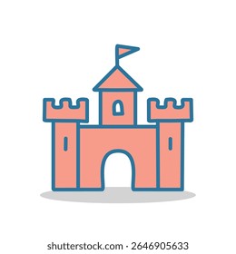 Flat peach-colored castle icon with a blue door and flag. Perfect for fairy-tale projects, G-rated apps, educational graphics, or children’s game UIs.