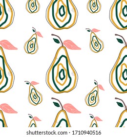 Flat pear seamless background vector illustration. Exotic fruits. Pattern for healthy lifestyle design. Scandinavian style. Vegetarian summer backdrop. Kitchen art. Fresh poster.