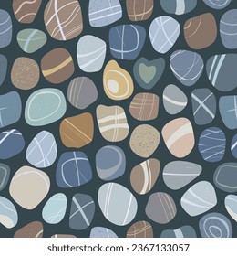 Flat pebble seamless pattern on dark background. Sea stones of different shapes and colors. Vector illustration