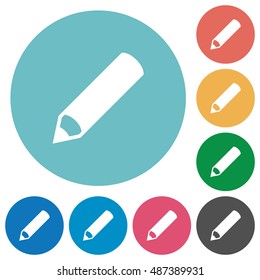 Flat pencil icon set on round color background.