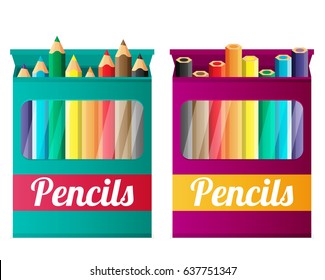 Flat Pencils in box. Vector illustation.