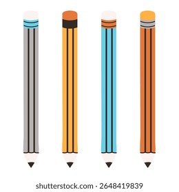 Flat Pencils set. Yellow orange blue school stationery element for poster banner card sale. Multicolored bright art tool for drawing