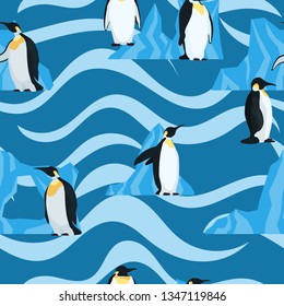 flat penguins on blue with waves seamless pattern and icebergs