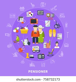 Flat pensioner colored concept with icon set combined in big circle and elderly couple in the center vector illustration