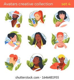 Flat People abstract different nationalities Avatar vector illustration Negative space style. Male Female Caucasian, Asian, Black characters Profile design.