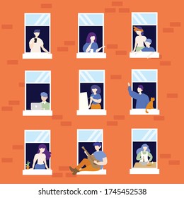 Flat people apartment building vector social distancing practice outbreak pandemic virus transmission