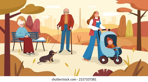 Flat People In Autumn Park. Citizens Strolling In City Recreation Area. Elderly Man Walk With Dog On A Leash, Pensioner Woman Sitting On A Bench. Young Mother Pushing Stroller With Child. Fall Season.