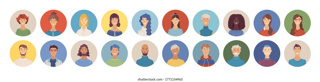 Flat People Avatars Set. Diverse Human Face Icons For Representing A Person. Happy Multicultural Young, Adult, And Senior Men And Women Profile Pictures. Vector User Pic For Web Forum Or Account