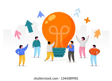 Flat People with Big Light Bulb Idea. Innovation, Brainstorming, Creativity Concept. Characters Working Together on new Project. New idea or Startup. Vector illustration