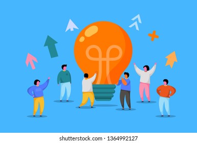 Flat People with Big Light Bulb Idea. Innovation, Brainstorming, Creativity Concept. Characters Working Together on new Project. New idea or Startup. Vector illustration
