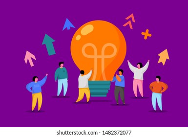 Flat People with Big Light Bulb Idea. Innovation, Brainstorming, Creativity Concept. Characters Working Together on new Project. New idea or Startup. Vector illustration