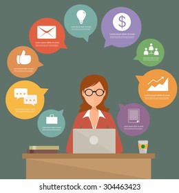 flat people business woman character occupation flat design at office work with media icon