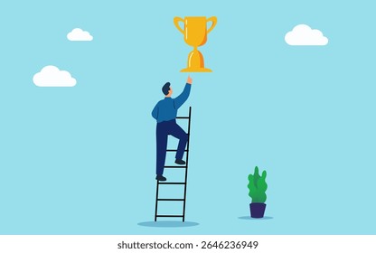 flat people businessman character climbing a ladder to success, symbolizing financial growth and new ideas	