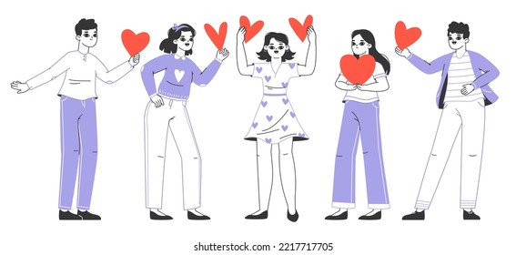 Flat people carrying and holding hearts. Love sharing, characters in love, standing together with hearts in hands flat vector illustration. Valentines day, love share concept