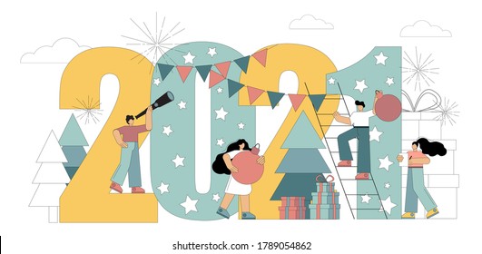 Flat people celebrate New Year 2021. Preparation, decoration of the holiday. Vector illustration on white background