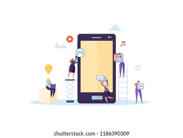 Flat People Characters Building Mobile Application with Icons on the Screen of Smartphone. Wireframe Development Concept. Vector illustration