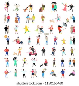 Flat People Characters Collection. Man and Woman Cartoons in Various Actions, Poses and Activities. Couples, Family and Musicians. Vector illustration
