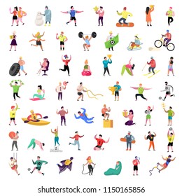 Flat People Characters Collection. Man and Woman Cartoons in Various Actions, Poses and Activities. Sport, Active People. Vector illustration