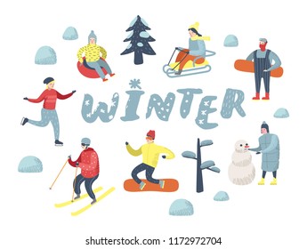 Flat People Characters on Happy Vacation. Winter Sports Sledding, Snowboard, Ski. Vector illustration