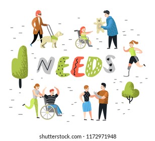 Flat People Characters Set with Special Needs. Disabled Cartoons, Man and Kid in Wheelchair. Disability Person, Woman with Prothesis. Vector illustration