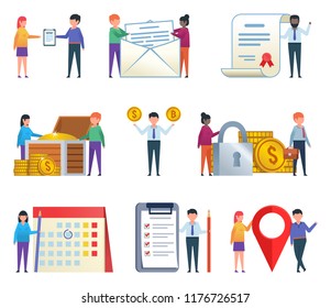 Flat people characters showing various actions. People standing near big calendar, treasure chest, location point, letter, diploma. Flat design vector illustration