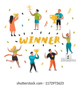 Flat People Characters with Sports Prize, Trophy. Sportsman on Podium. First Place, Winner Cartoon, Awards Ceremony. Man with Golden Cup. Vector illustration