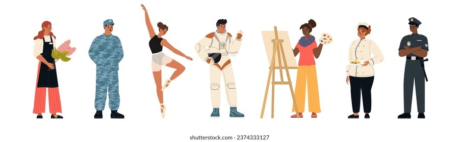 Flat people characters with various job occupation and hobbies