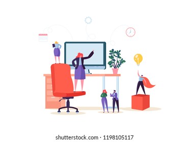 Flat People Characters Working in Office with Computer and Plants. Modern Workspace Workplace with Desk and Business People. Vector illustration
