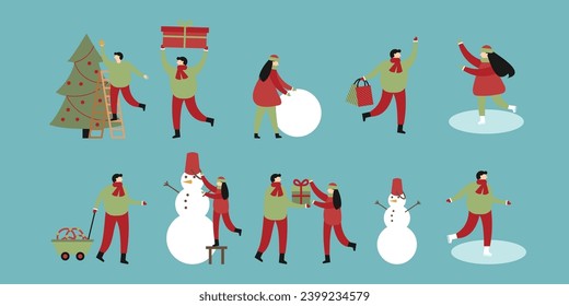 Flat People Christmas Celebrating Illustration 