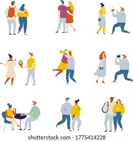 flat people, couple in love vector set. Couple in love spending time together