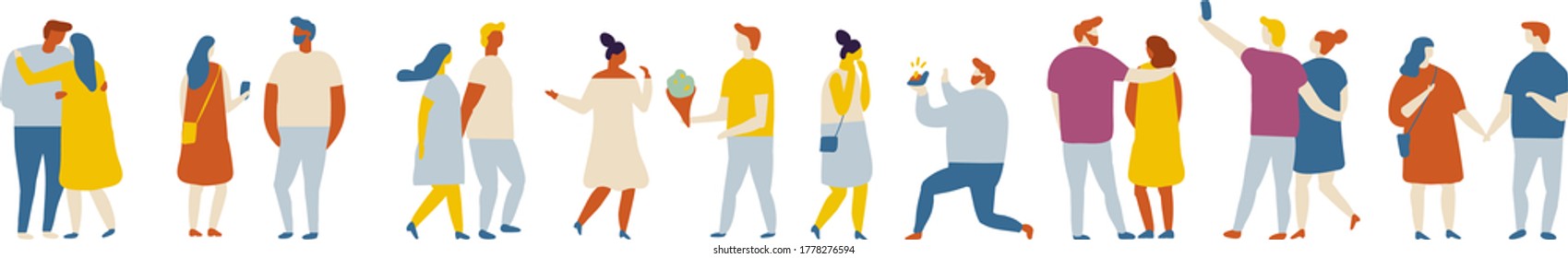 flat people, couple in love vector set isolated on white. Couple in love spending time together