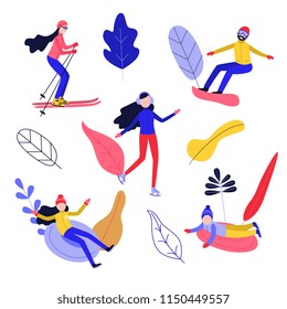 Flat people enjoying winter sports with abstract floral elements background set. Man snowboarding, women skiing and ice-skating, girl and boy kid snowtubing outdoors . Vector illustration