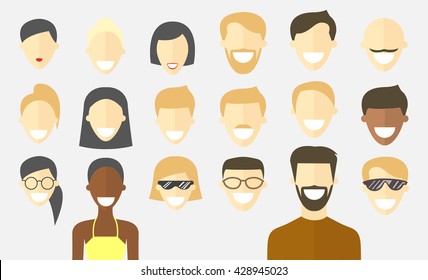 Flat people faces set. Different haircuts. Avatar icons. Vector cartoon impersonal characters. Male and female