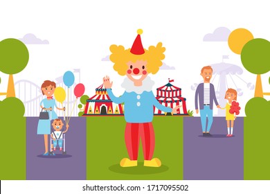 Flat people family at city festival. Clown entertain children with parents on holiday vector illustration. Attractions, circus tent, roller coaster at event. Mom with small son, father and daughter.