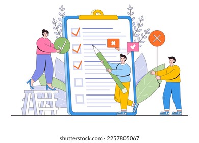 Flat people fill out a form, done job, long paper document and to do list with checkboxes concept. Outline design style minimal vector illustration for landing page, web banner, hero images.