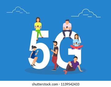 Flat people with gadgets sitting on the big 5G symbol