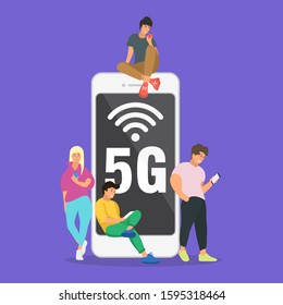 Flat people with gadgets sitting on the big 5G smartphone. Vector illustration.