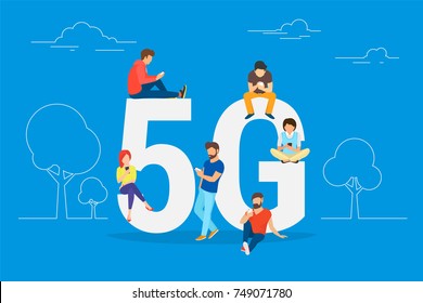 Flat people with gadgets sitting on the big 5G symbol. Addicted to networks people concept illustration of young men and women using high speed wireless connection 5G via mobile smartphone. Flat people with gadgets sitting on the big 5G symbol. Addicted to networks people concept illustration of young men and women using high speed wireless connection 5G via mobile smartphone.