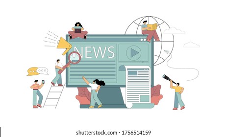 Flat people gathering news from various media: laptop, computer, telephone, newspaper. People view information through a magnifying glass and a spyglass. Isolated vector illustration.