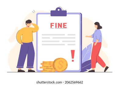 Flat people getting paper sheet with fine. Man and woman paying traffic bill, tax or parking fee. Penalty of money, debt or financial punishment from police.