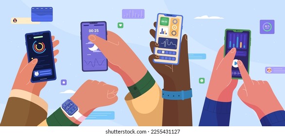 Flat people hands with smartwatch for health and sleep control. Digital electronic device or smart watch tracker app for healthy lifestyle and sleeptracker.