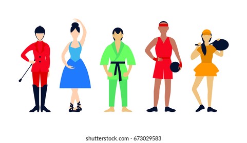 Flat people hobbies set with dancing karate basketball tennis and equestrian sport interests isolated vector illustration