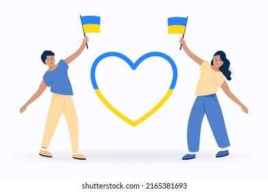 Flat people holding Ukraine flag protest against war.
