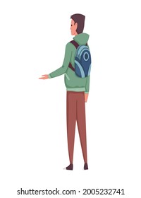 Flat people icon. Men showed hand. Modern young people with backpack side view. Isolated vector illustration